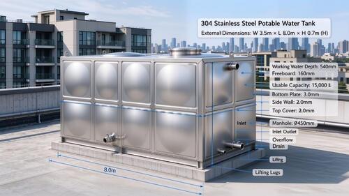 ultimo caso aziendale circa 15,000L 304 Stainless Steel Potable Water Tank for Commercial Apartment Rooftop Water Supply