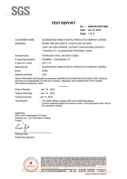 La Cina (GuangDong)Foshan Winsco Metal Products Co., Ltd. Certificazioni