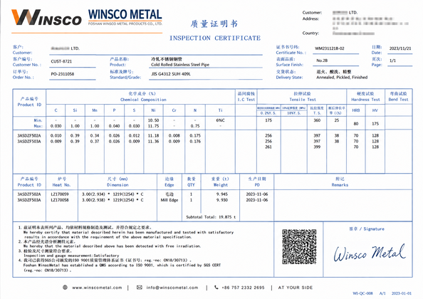 La Cina (GuangDong)Foshan Winsco Metal Products Co., Ltd. Certificazioni