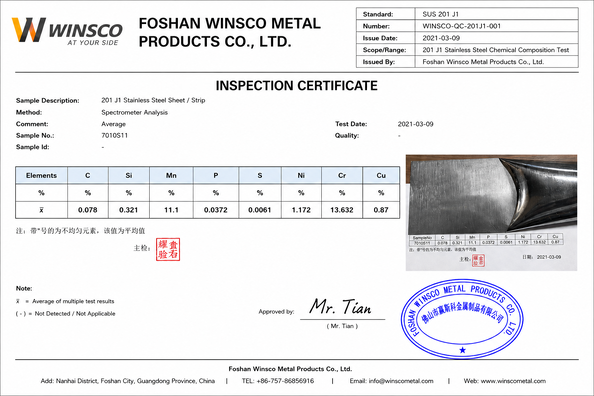 La Cina (GuangDong)Foshan Winsco Metal Products Co., Ltd. Certificazioni