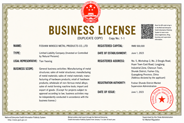 La Cina (GuangDong)Foshan Winsco Metal Products Co., Ltd. Certificazioni